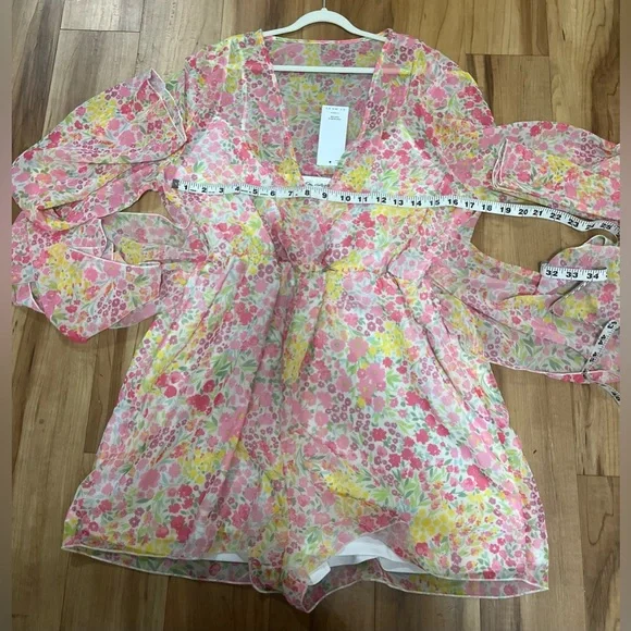 Miss Selfridge Floral Chiffon Romper Pink Yellow Long Sleeve V-Neck US 12 NWT - Picture 8 of 11